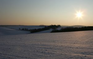 Verschneite Felder im Gegenlicht